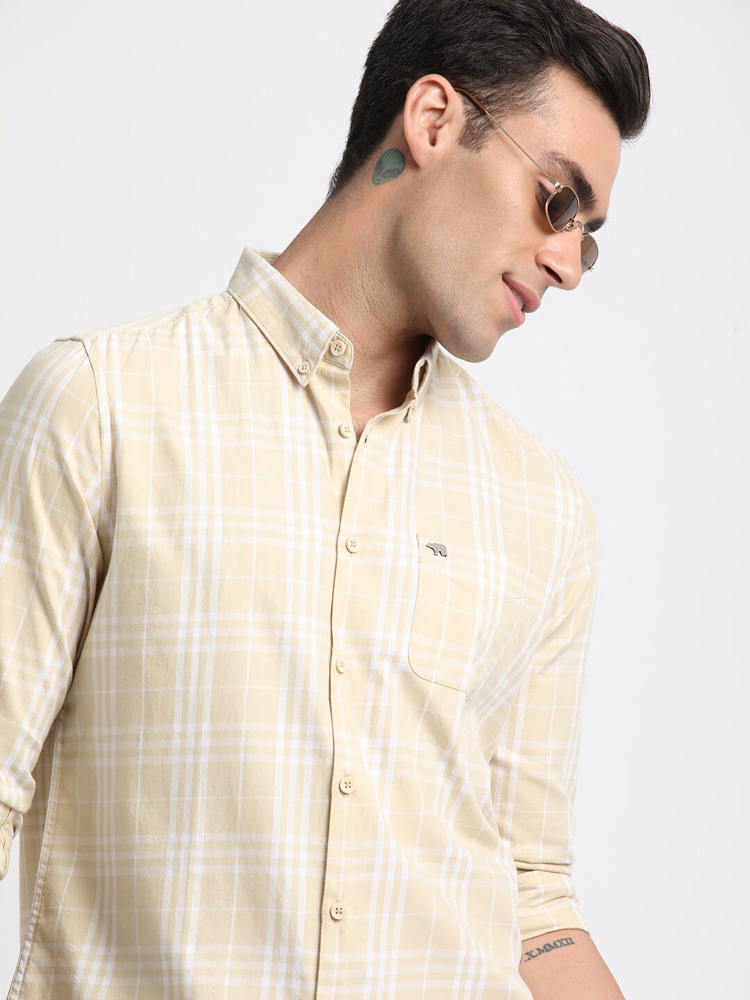 THE BEAR HOUSE Slim Fit Checked Button-Down Collar Twill Weave Pure Cotton Casual Shirt