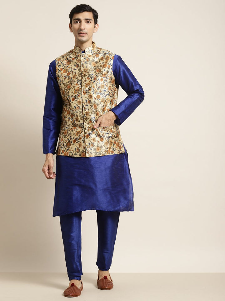 SOJANYA Kurta Bercetak Biru Lelaki dengan Jaket Churidar & Nehru