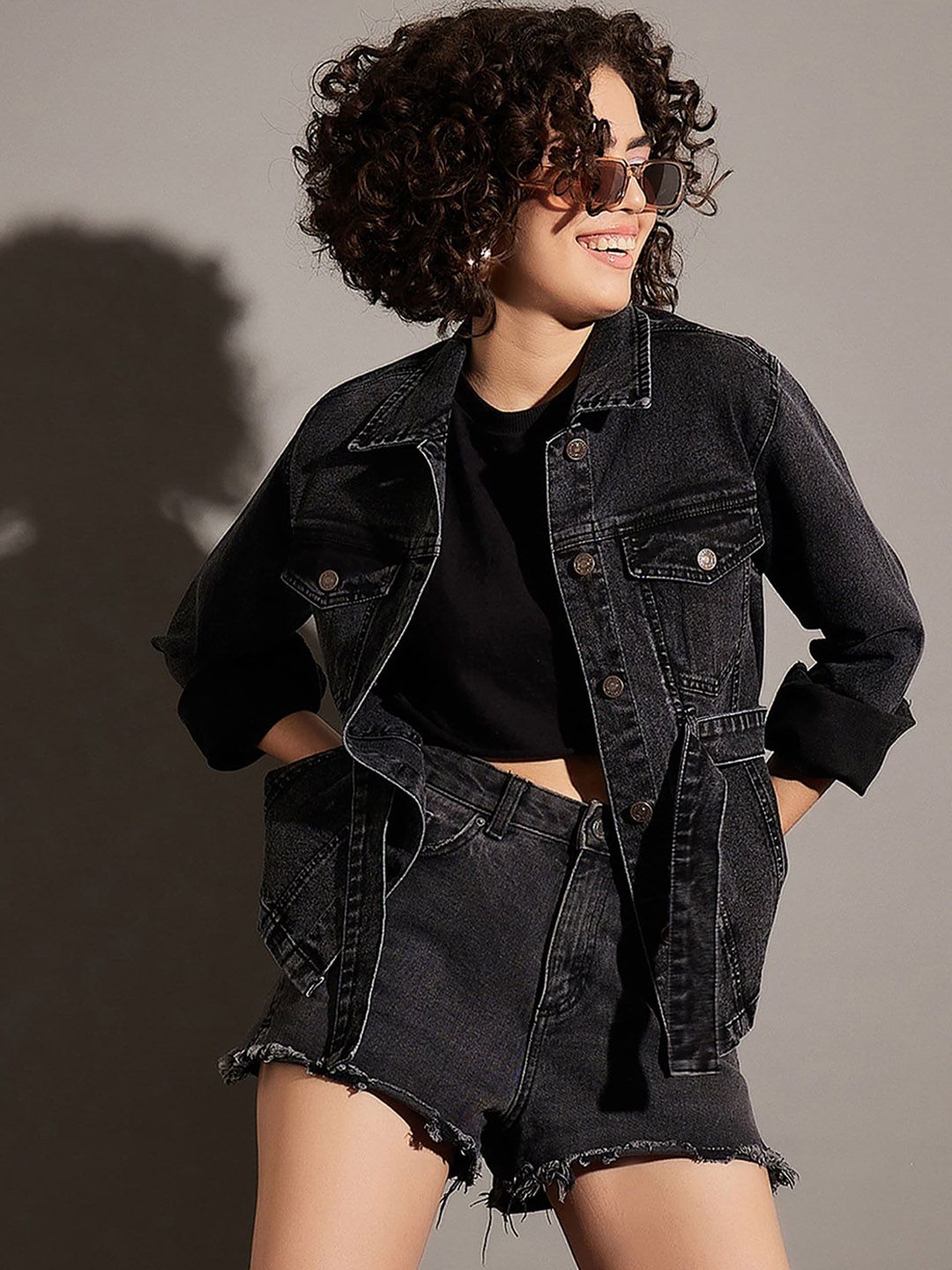 SASSAFRAS Black Washed Spread Collar Denim Jacket