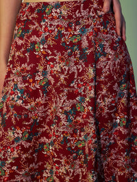 Berrylush Maroon Floral Printed High Rise A-line Maxi Skirt