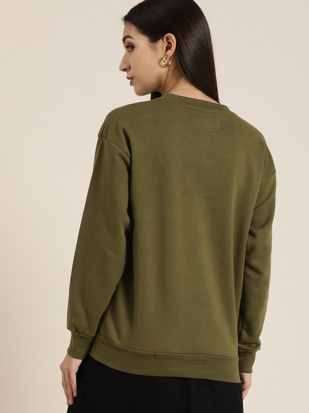 DILLINGER Women Olive Green Printed Oversized Sweatshirt