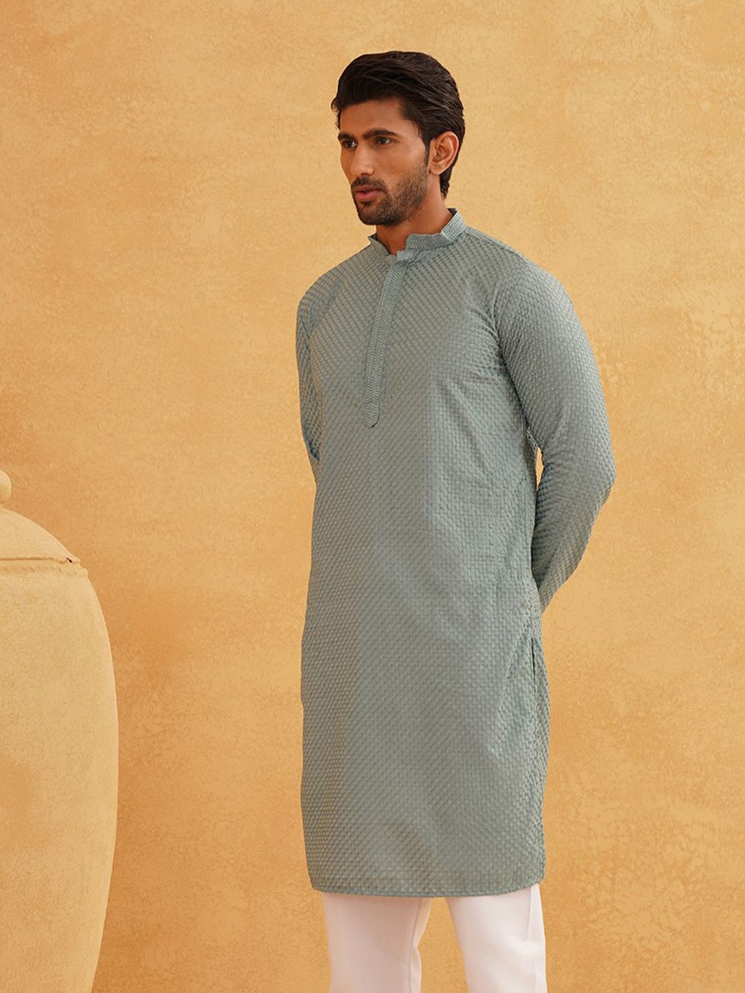 SOJANYA Men Sea Green Striped Kurta