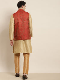 SOJANYA Men Golden & Red Kurta with Churidar & Nehru Jacket