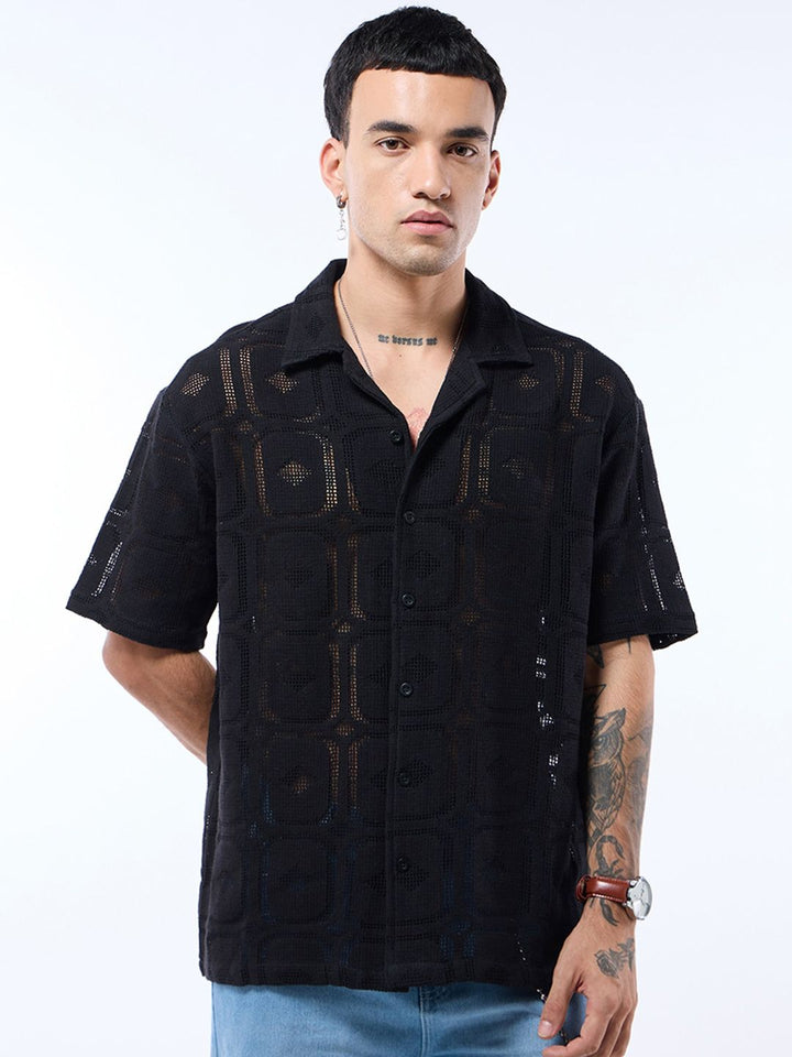 Bewakoof Men Cuban Collar Textured Self Design Pure Cotton Oversized Casual Shirt