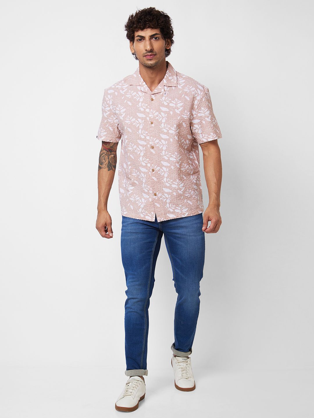 SPYKAR Floral Printed Cuban Collar Cotton Casual Shirt