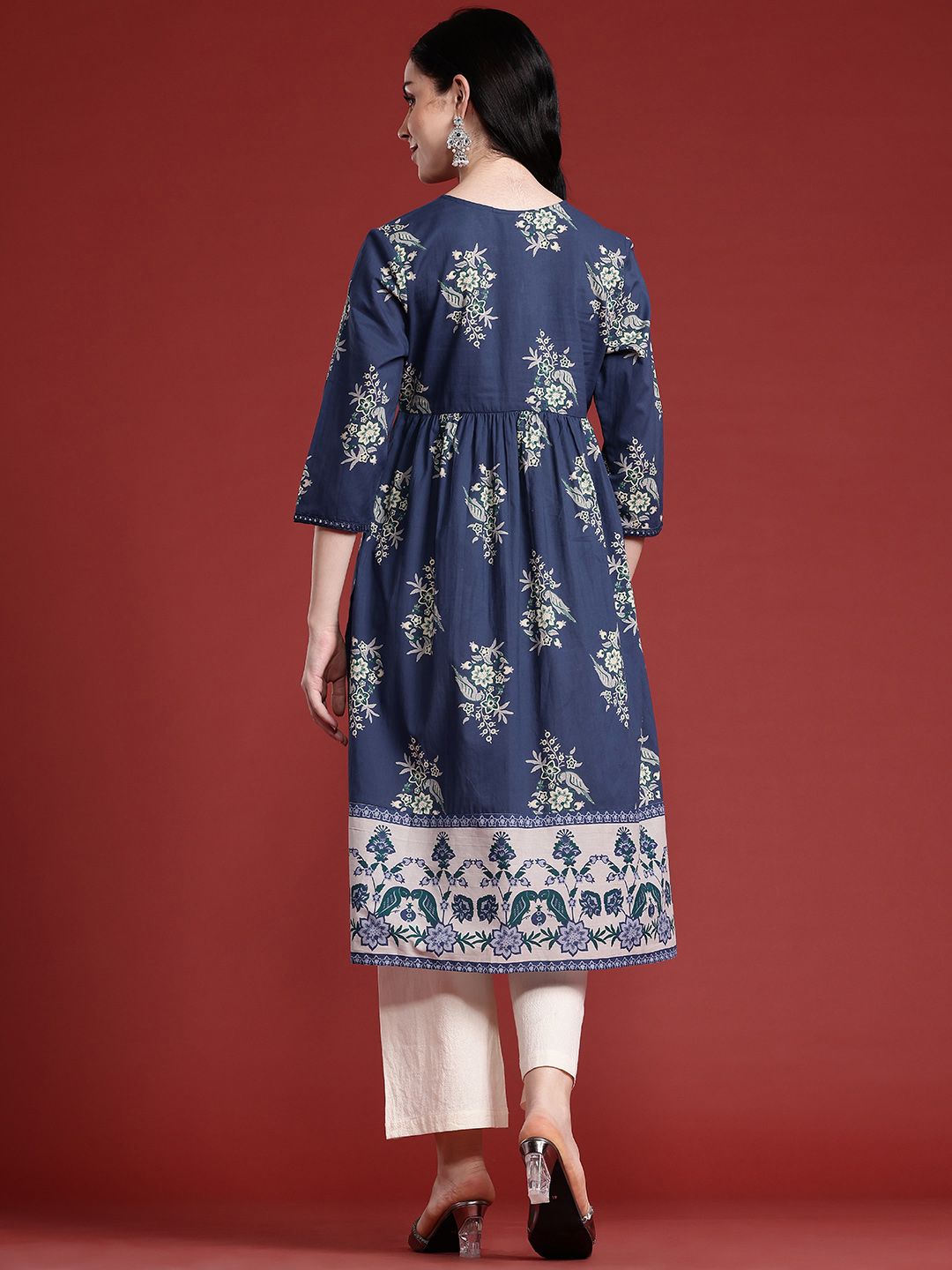 Anouk Women Floral Printed Pure Cotton Pleated A-Line Kurta