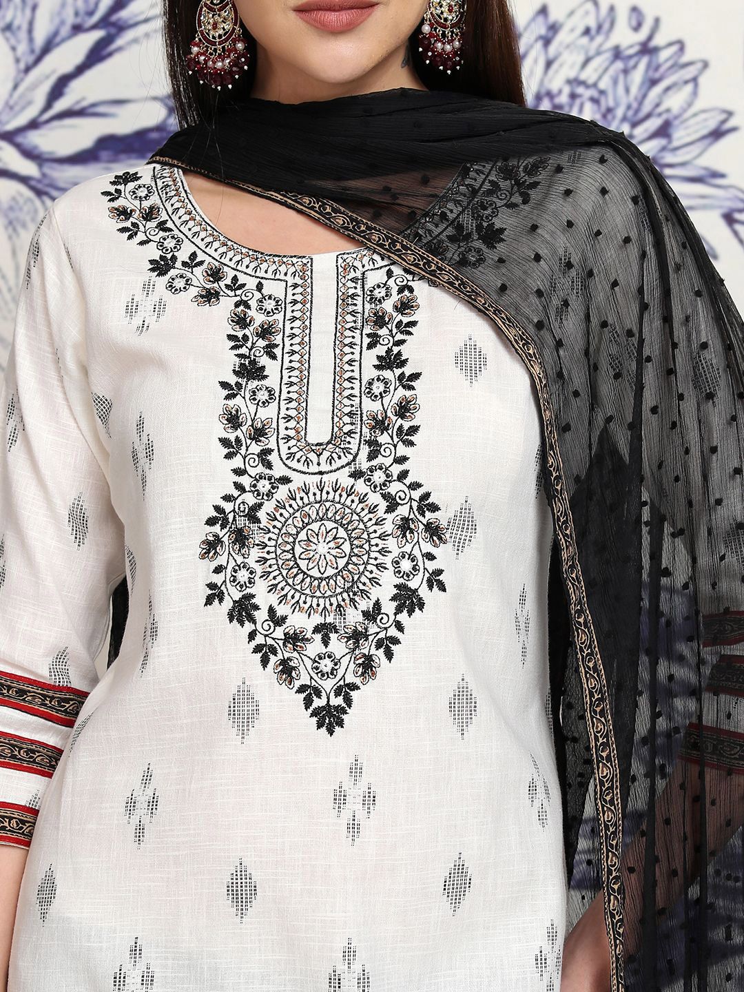 Vishudh Ethnic Motifs Embroidered Thread Work Pure Cotton Kurta with Trousers & Dupatta