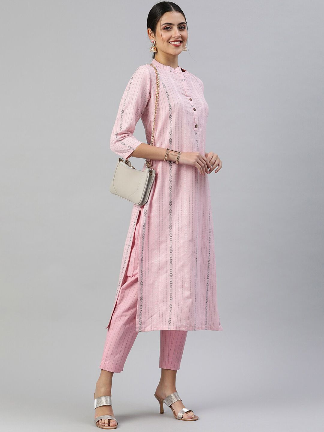 KALINI Striped Mandarin Collar Straight Kurta With Trouser