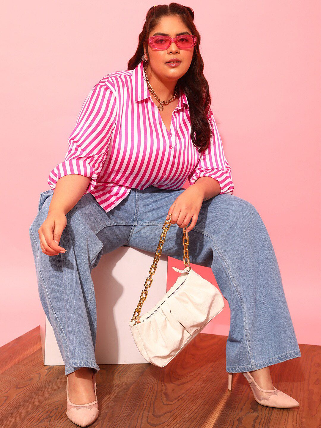 CURVY STREET Plus Size Pink & White Classic Vertical Striped Satin Shirt