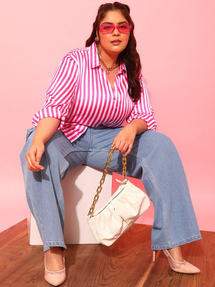 CURVY STREET Plus Size Pink & White Classic Vertical Striped Satin Shirt