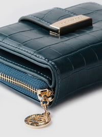 Lino Perros Women Teal Blue Croc Textured Two Fold Wallet