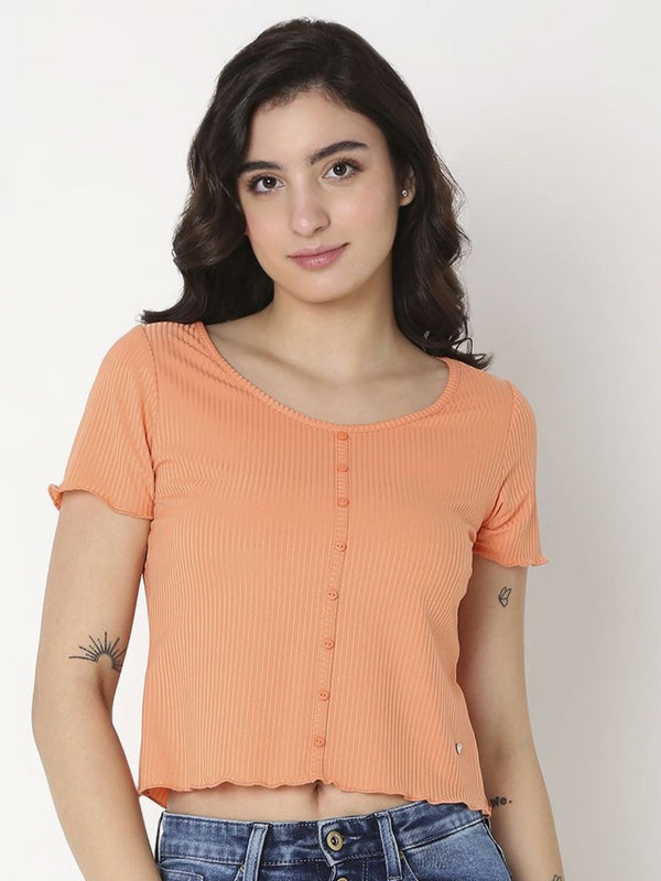 T-Shirt Kapas Leher Leher Pepejal Wanita Spykar Wanita Pepejal