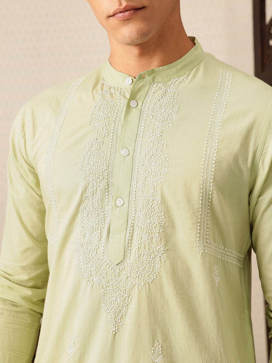 House of Pataudi Hand embroidered chikankari pure cotton Jashn kurta paired with matching pyjama trousers