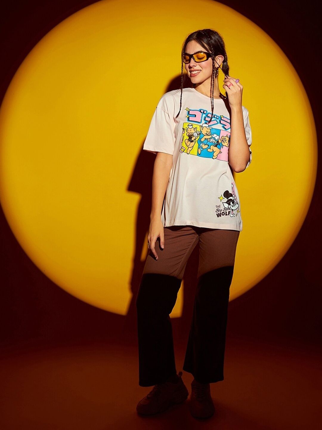 Bewakoof Pink Big Bad Wolf Graphic Printed Oversized Drop Shoulder Pure Cotton T-shirt
