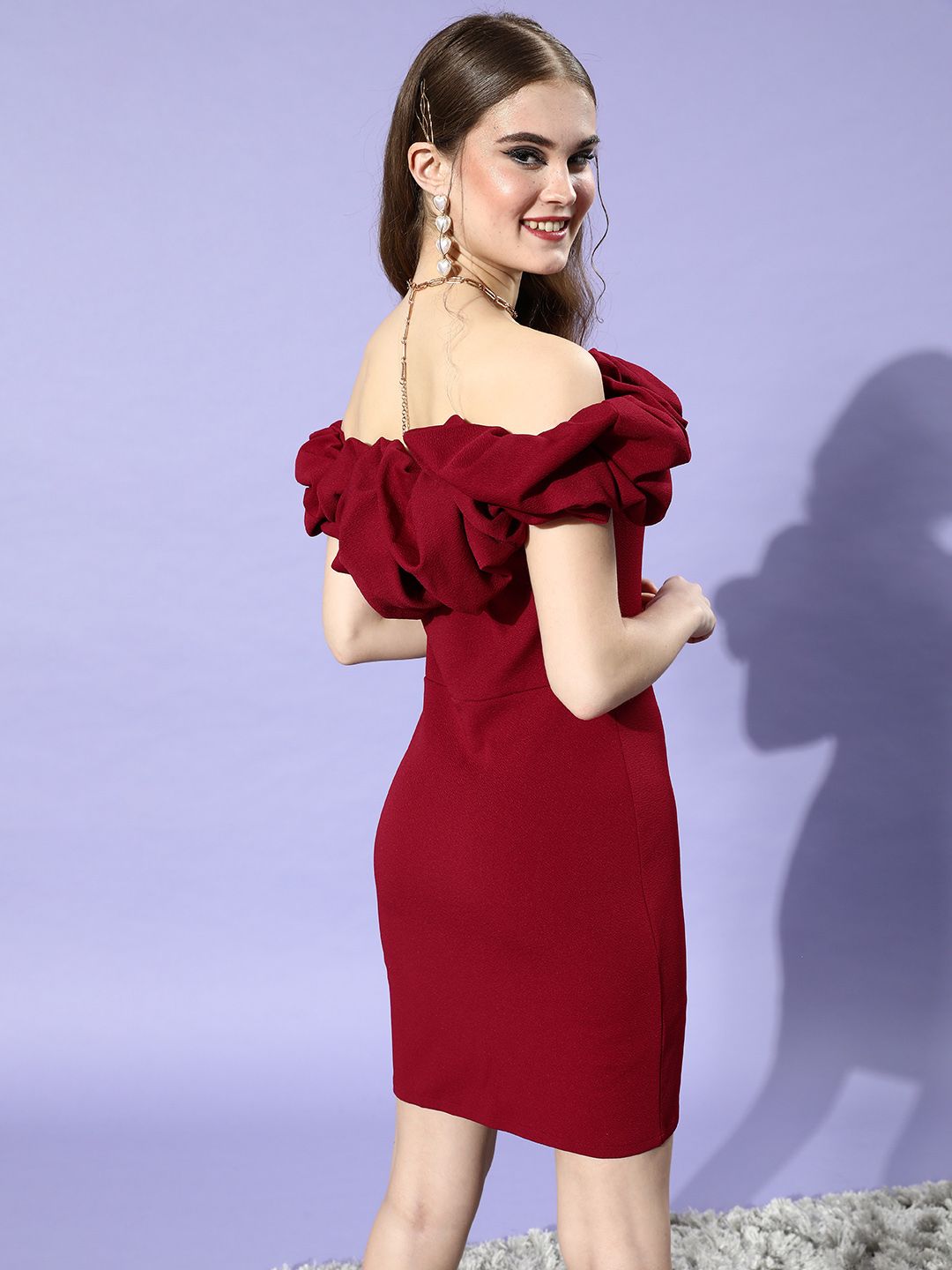 Athena Maroon Off-Shoulder Solid Scrunchie Sheath Dress