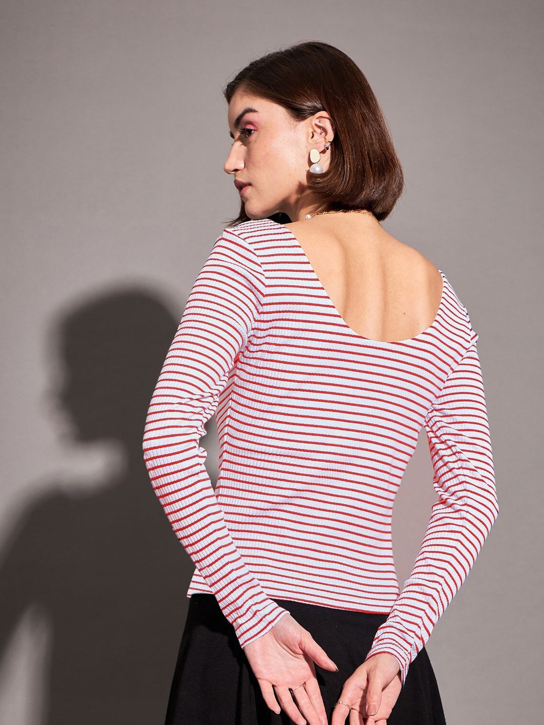 SASSAFRAS Red Striped Sweetheart Neck Long Sleeves Regular Top