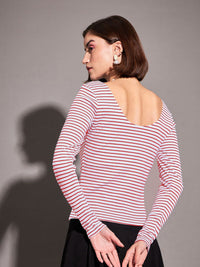 SASSAFRAS Red Striped Sweetheart Neck Long Sleeves Regular Top