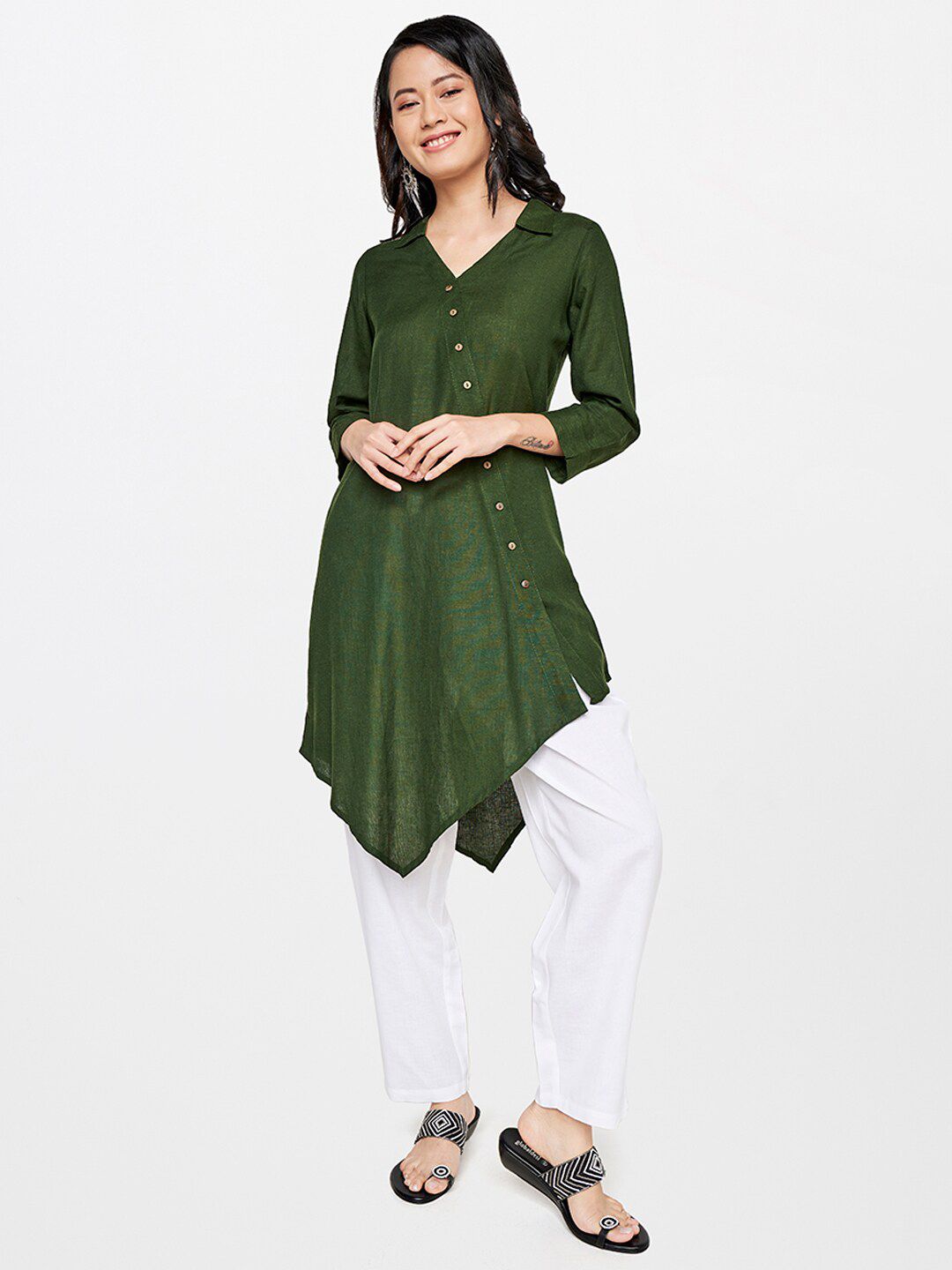 Global Desi Olive Green Viscose Rayon Shirt Collar Tunic