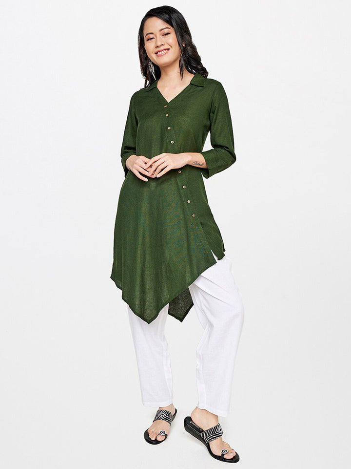 Global Desi Olive Green Viscose Rayon Shirt Collar Tunic