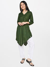 Global Desi Olive Green Viscose Rayon Shirt Collar Tunic