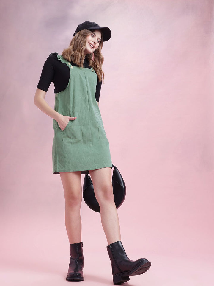 DressBerry Crinkled Effect Flutter Sleeves Pinafore Mini Dress with Pockets