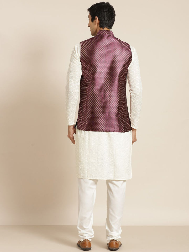 SOJANYA Men Cream-Coloured Chikankari Pure Cotton Kurta with Churidar & Nehru Jacket