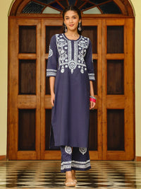House of Chikankari Women Navy Blue Cotton Chikankari Sulam Set Kurta
