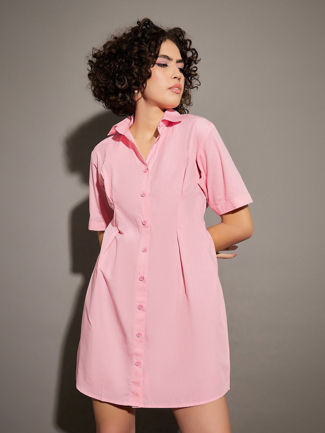 SASSAFRAS Pink Shirt Collar Cotton Shirt Mini Dress
