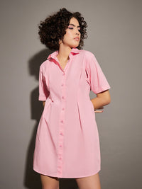SASSAFRAS Pink Shirt Collar Cotton Shirt Mini Dress