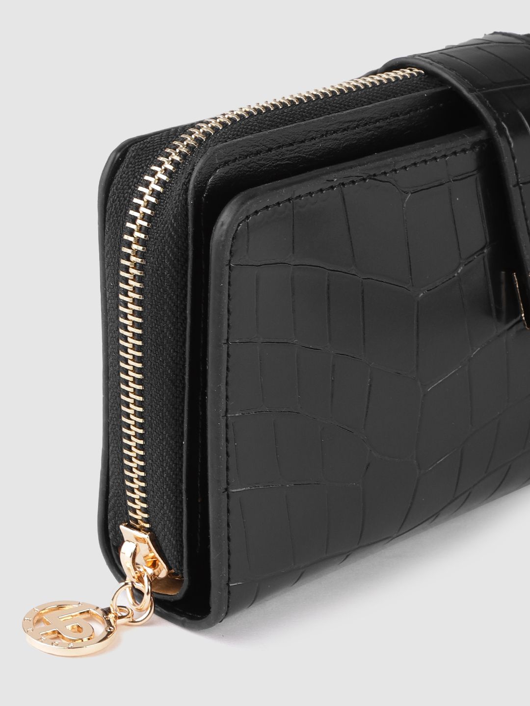 Lino Perros Women Black Croc Textured PU Zip Around Wallet