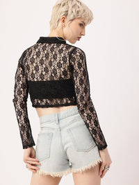 DressBerry Korean Street Sheer Chic Shirt Style Lace Crop Top
