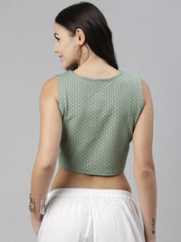 Global Desi Sage Green Geometric Print Sleeveless Blouson Crop Top