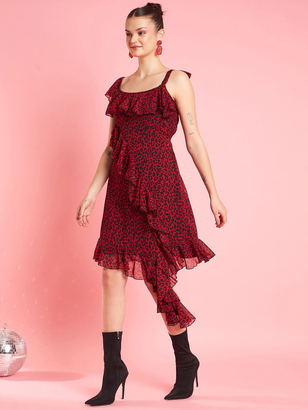 Antheaa Print Shoulder Straps Layered Chiffon Sheath Dress