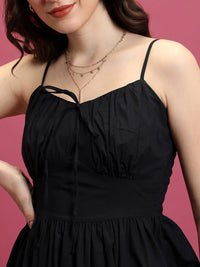 Tokyo Talkies Black Shoulder Straps Ruffles Cotton Fit & Flare Dress