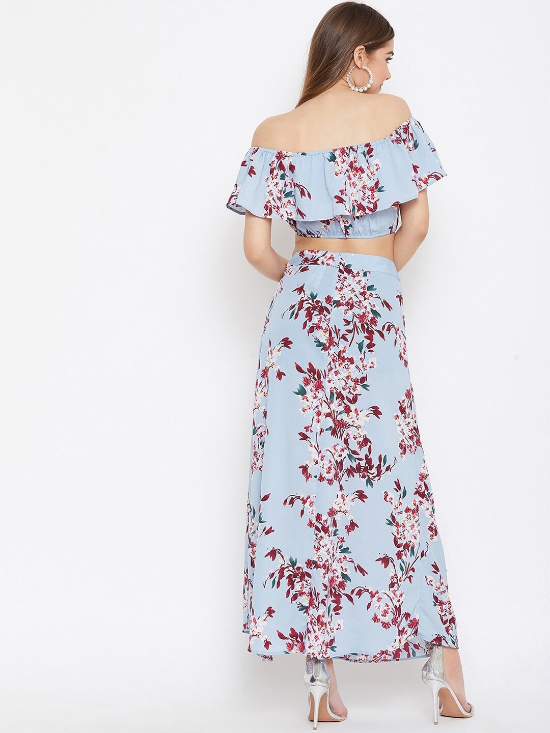 Berrylush Blue & Maroon Floral Printed Two Piece Dress