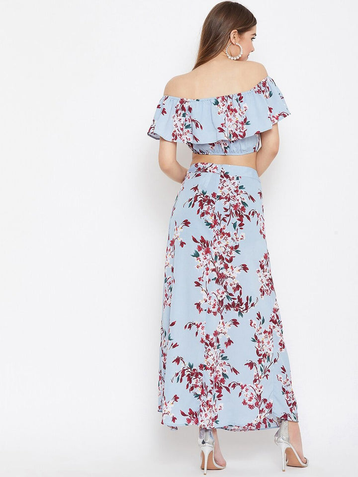 Berrylush Blue & Maroon Floral Printed Two Piece Dress
