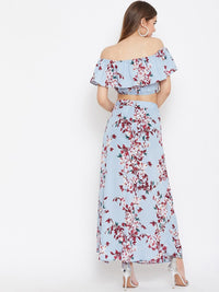Berrylush Blue & Maroon Floral Printed Two Piece Dress