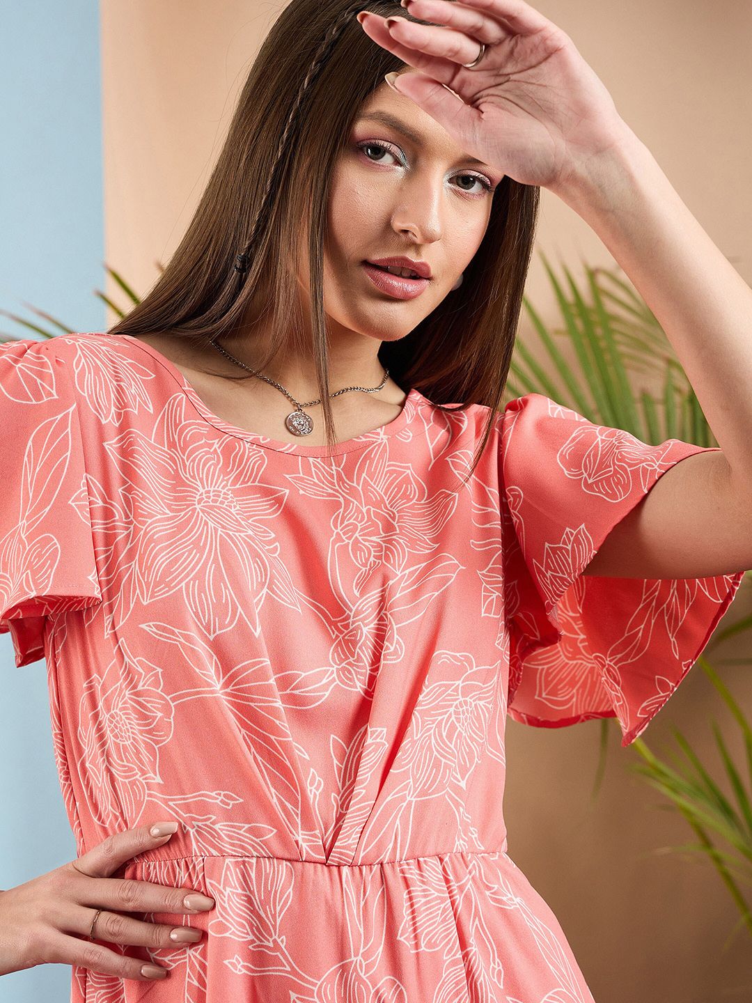 SASSAFRAS Floral Print Flared Sleeve Asymmetric Fit & Flare Maxi Dress