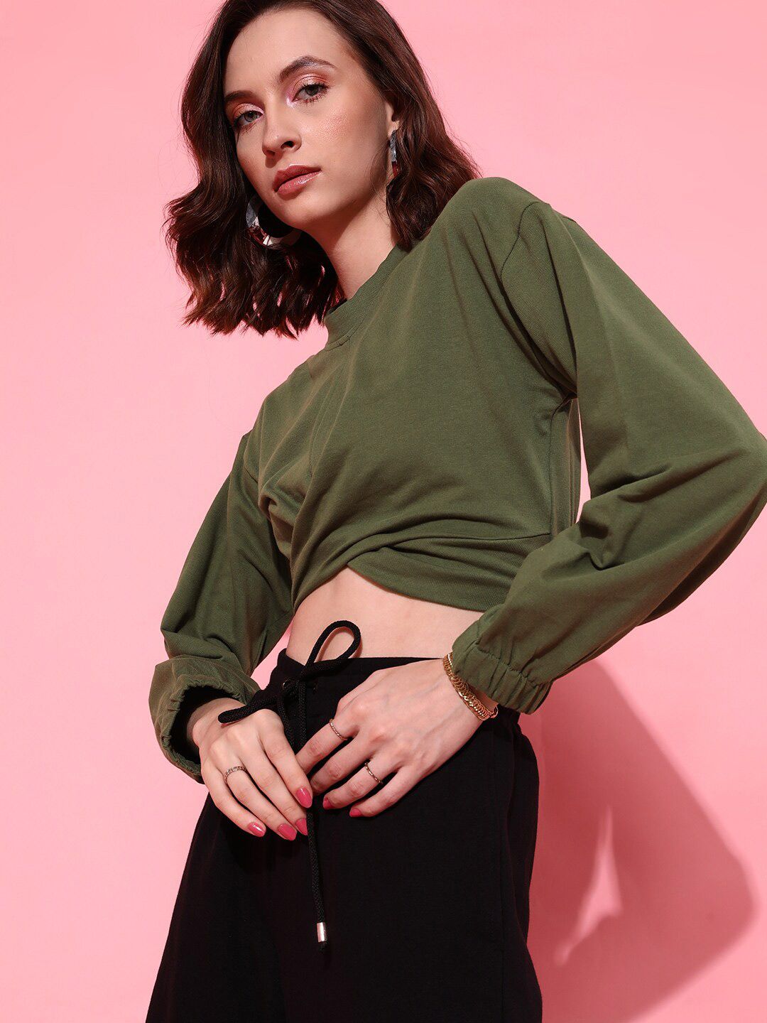 STREET 9 Women Lovely Olive Solid Crop Sweatshirt