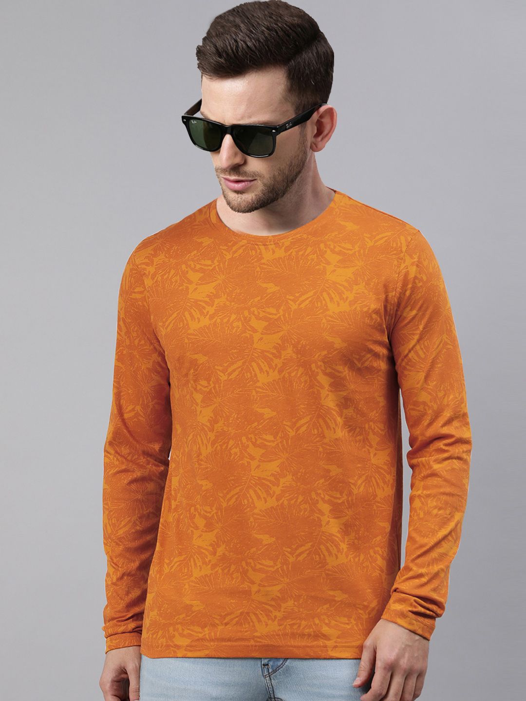 Urbano Fashion Men Mustard Yellow Printed Slim Fit Pure Cotton T-shirt