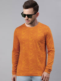 Urbano Fashion Men Mustard Yellow Printed Slim Fit Pure Cotton T-shirt
