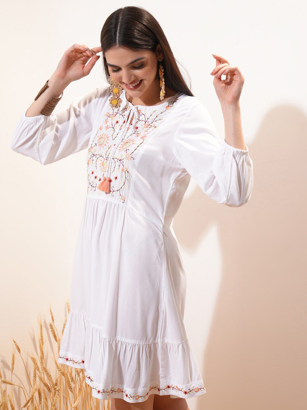 Vishudh White Floral Printed Tie-Up Neck Puff Sleeve Fit & Flare Dress