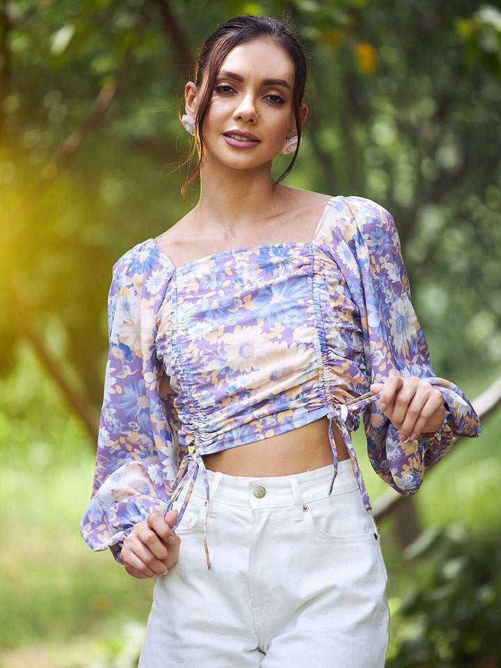 Athena Purple & Yellow Floral Print Crepe Crop Top