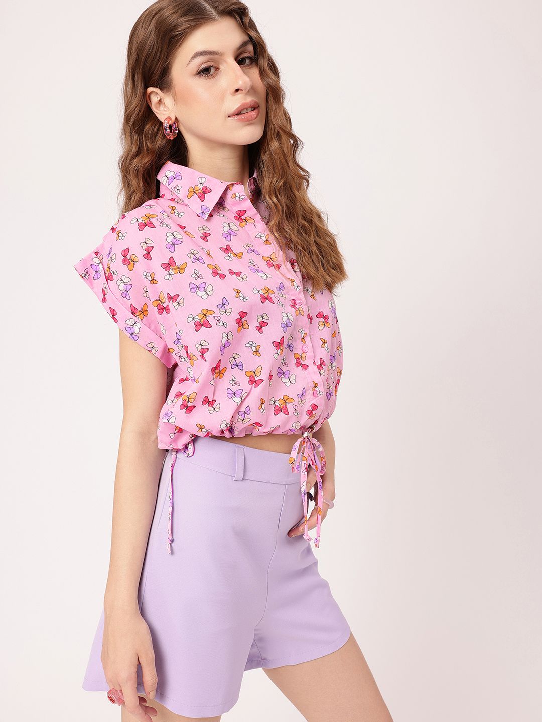 DressBerry Whimsy Fly Printed Shirt Style Crop Top