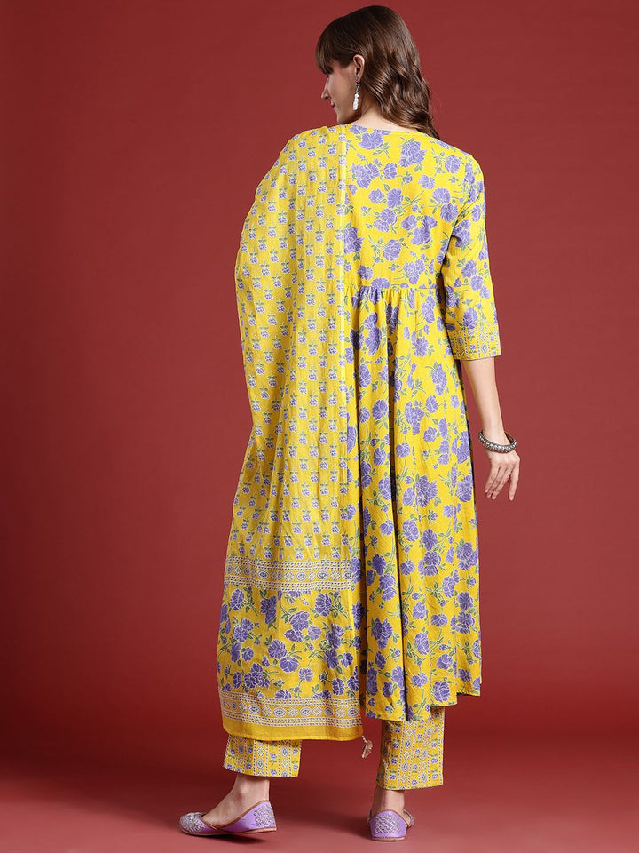 Anouk Floral Printed Regular Sequinned Pure Cotton Kurta With Trousers & Dupatta
