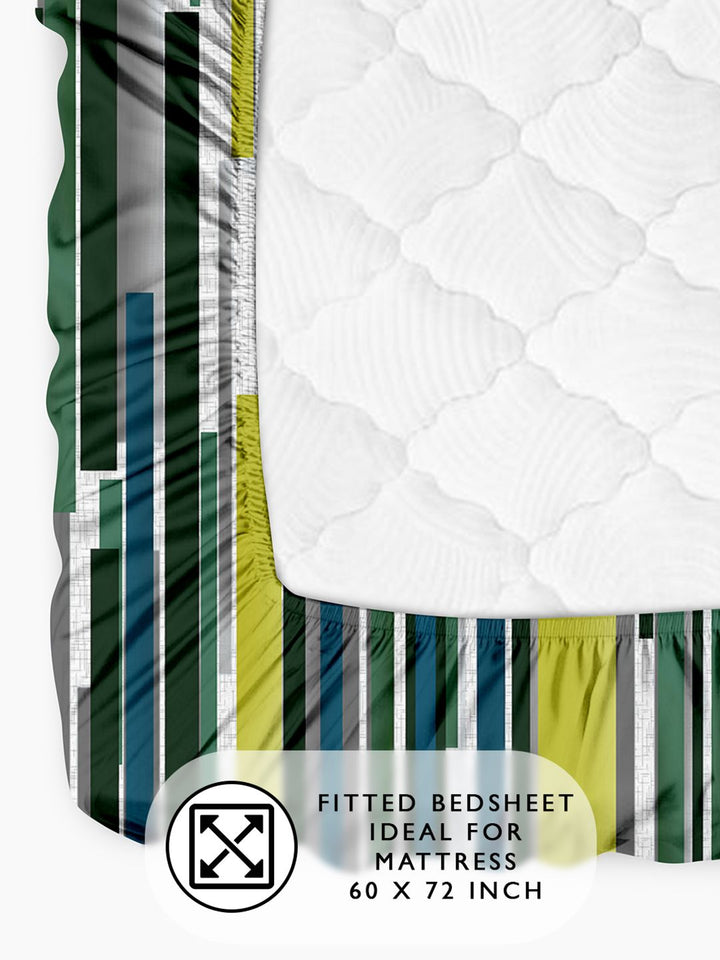 Story@home Grey & Green 180 TC Abstract Queen Fitted Bedsheet With 2 Pillow Covers