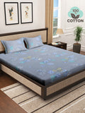 KLOTTHE Blue Floral Printed 400 TC Pure Cotton Cotton Double Bedsheet dengan 2 Sarung Bantal