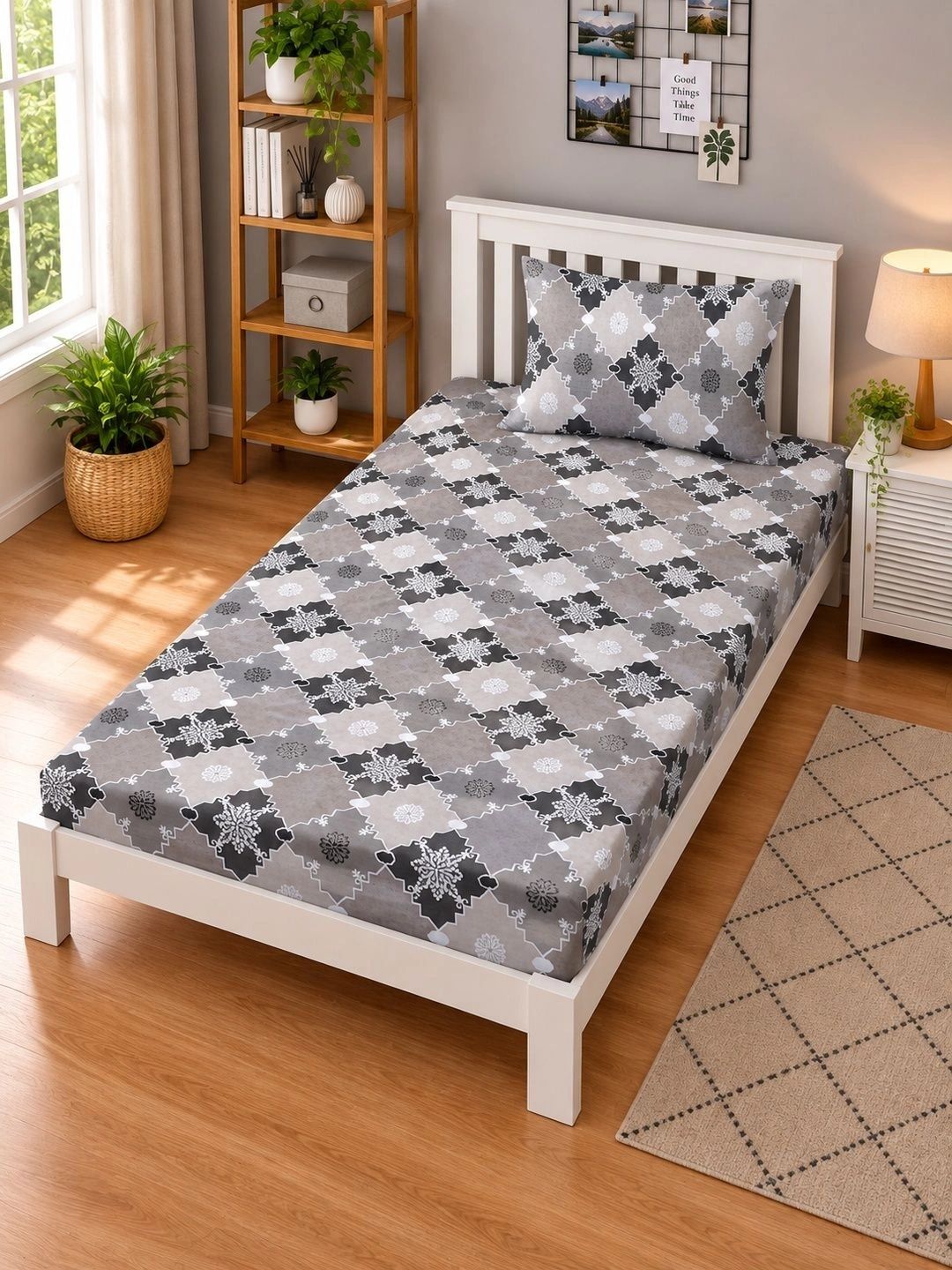Moda Rapido X KLOTTHE Grey & White Geometric 400 TC Single Bedsheet with 1 Pillow Covers