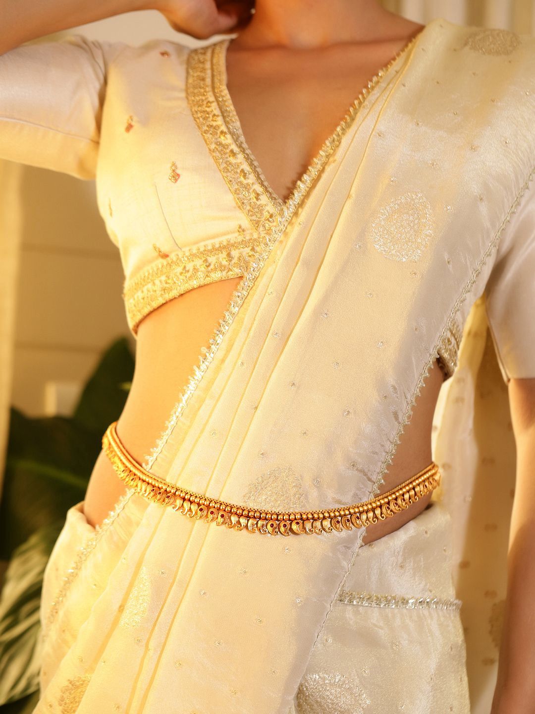 Rubans 22K Gold-Plated Ruby Studded Paisley Shaped Traditional Waist Chain Kamarbandh