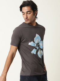 RARE RABBIT Men Grey Printed Pure Cotton Slim Fit T-shirt